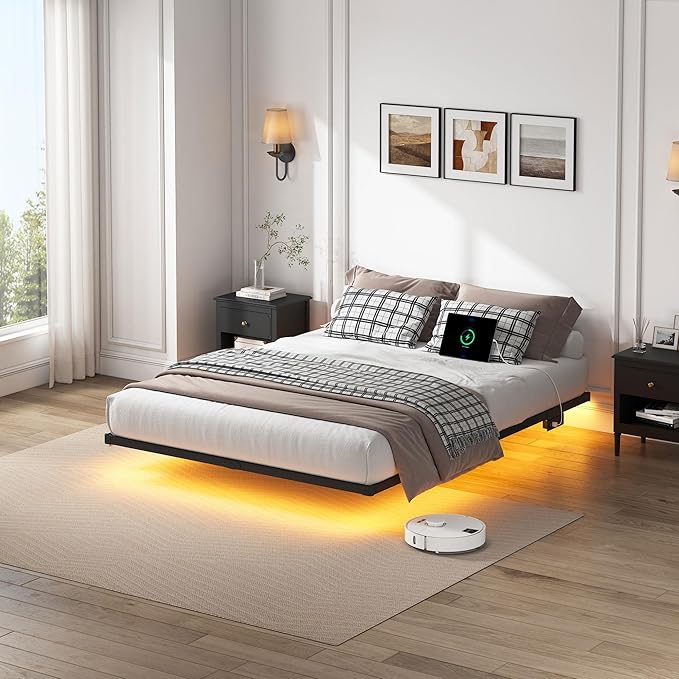 YORMDMO Floating Bed Frame Full Size, Heavy Duty Bedframe with Smart LED Lights & Charging Station, Modern Metal Platform Bed, Easy Assembly No Box Spring Needed, 8 Inch
