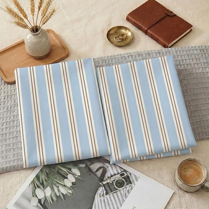 Merryword Standard Size Pillowcases, 100% Cotton Pillow Cases, Light Blue Striped Pillowcases, Soft Breathable Ribbon Stripe Pillow Covers, Set of 2