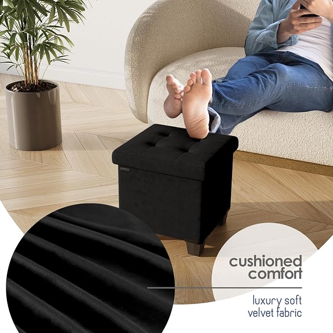 Storage Ottoman Cube with Small Bin, 15-in Square Ottoman with Storage for Living Room and Bedroom, Small Ottomans Foot Rest, Velvet Foot Stools Ottomans Max 330lbs, Black