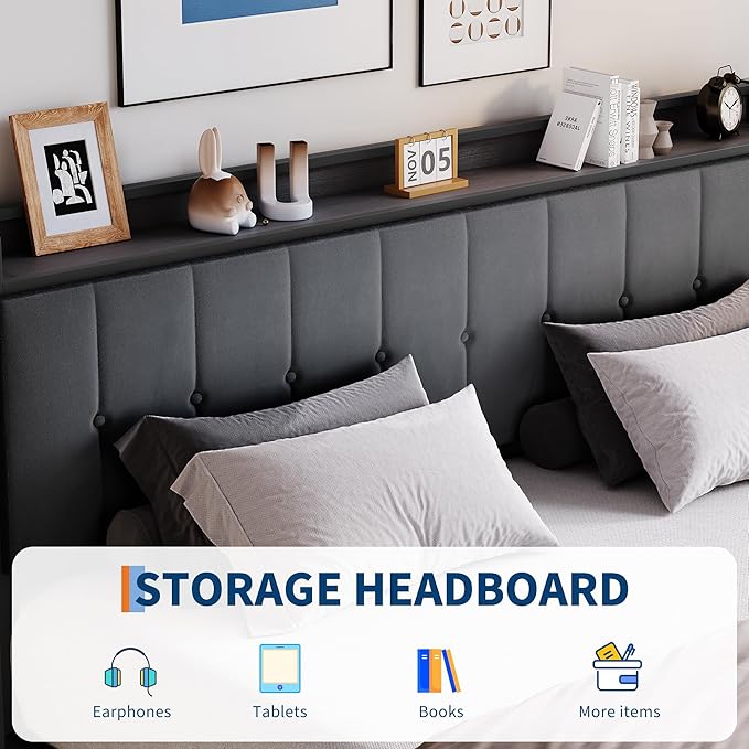 Garvee King Size Lift Up Storage Bed, Upholstered Velvet Bed Frame with Storage Headboard, Metal Platform Bed, No Box Spring Needed, Solid Wooden Slats, Noise Free, Grey