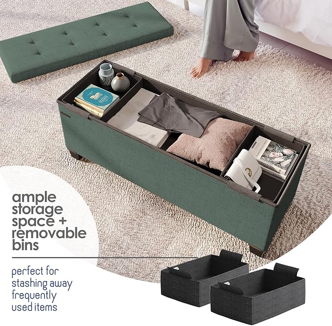 Storage Ottoman Bench with Bins, 43-in Storage Bench for Bedroom End of Bed, Folding Foot Rest Ottoman for Living Room Max 660lbs, Fabric Ottomans, Green