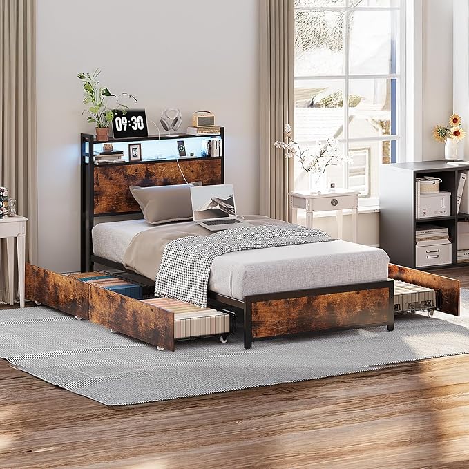 VINGLI Bed Frame Twin Size with 4 Storage Drawers and Storage Headboard, Metal Platform with Charging Station and LED Lights, No Box Spring Needed, Easy Assembly, Vintage Brown