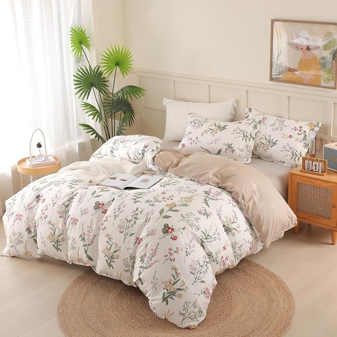 OAITE Duvet Cover Queen Size - 100% Cotton Comforter Cover Floral Duvet Cover Sets 3-PC, Breathable Duvet Cover with Zipper Closure & Corner Ties