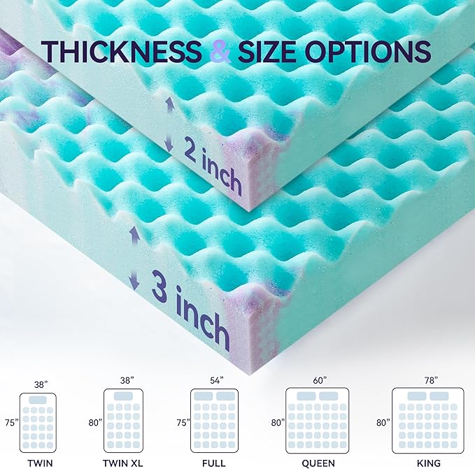 SINWEEK 3 Inch Egg Crate Memory Foam Mattress Topper Twin XL, Twin Extra Long Mattress Pads for College Dorm Room, Pressure Relieve CertiPUR-US Certified,39x80 Inches, Colorful