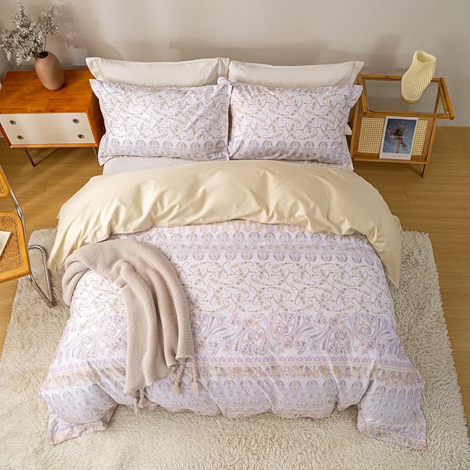 OAITE Duvet Cover Set Queen Size Floral Pattern Ultra Soft 100% Cotton Duvet Cover Sets 3-PC, Breathable Duvet Cover with Zipper Closure & Corner Ties(2 Pillow Shams,1 Duvet Cover)