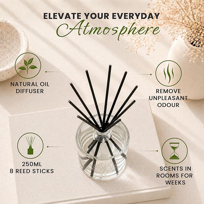 Wavertree & London Natural Lemongrass & Lemon Myrtle Scented Reed Diffusers Set - Long Lasting Aromatherapy Air Freshener Diffuser with Sticks | 250ml Scented Diffuser with 6 Months Scent Life