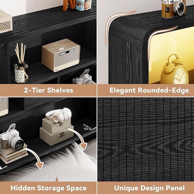King Headboard Only, 78.7" Wide Wooden Headboard King Size with Storage, Modern Farmhouse Head Board with Outlets & USB Ports, Wall Mounted Headboards with Color-Changing LED, Black