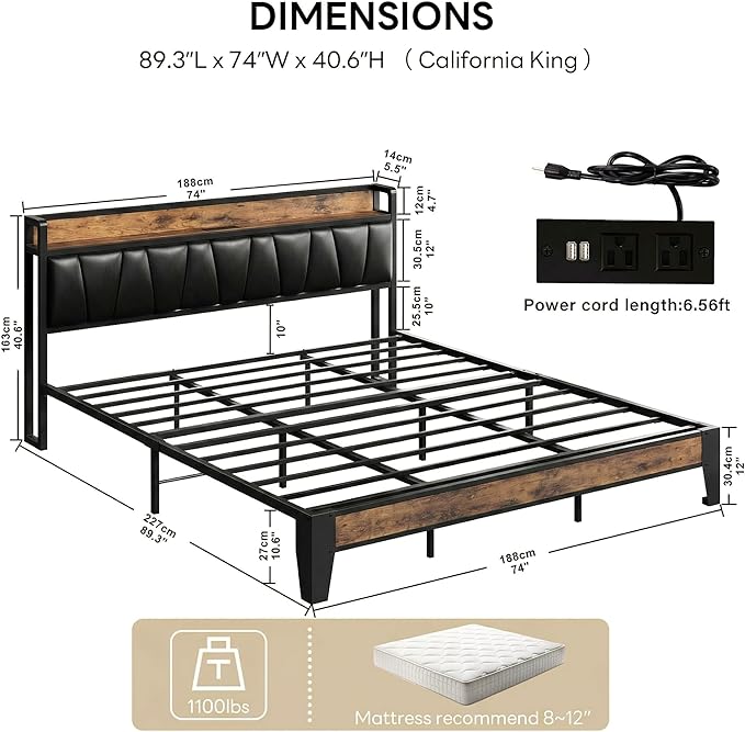 LIKIMIO California King Bed Frame, Storage Headboard with Charging Station, Solid and Stable, Noise Free, No Box Spring Needed, Easy Assembly (Vintage and Black)