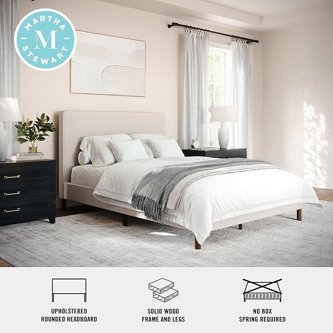 Martha Stewart Britta Platform Bed with Headboard & Footboard, Faux Linen Upholstery with Piping Detail, Rounded Headboard, No Box Spring Needed, Full, Beige