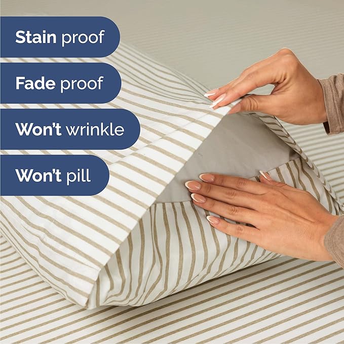 Queen 6 Piece Sheet Set - Comfy, Breathable & Cooling - Soft Hotel Luxury Bedding for Women, Men, Kids, Teens and Children - 1 Flat & 1 Fitted Sheet & 4 Pillowcases with Deep Pockets - Beige Stripes 2
