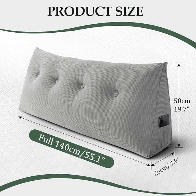 Huatean Home Soft Headboard Pillow Full Size, Wall Backrest Wedge Pillow Headboard Full, Reading Backboard Pillows, Large Dorm Daybed Bolster Pillows for Back Support with Removable Cover, Gray