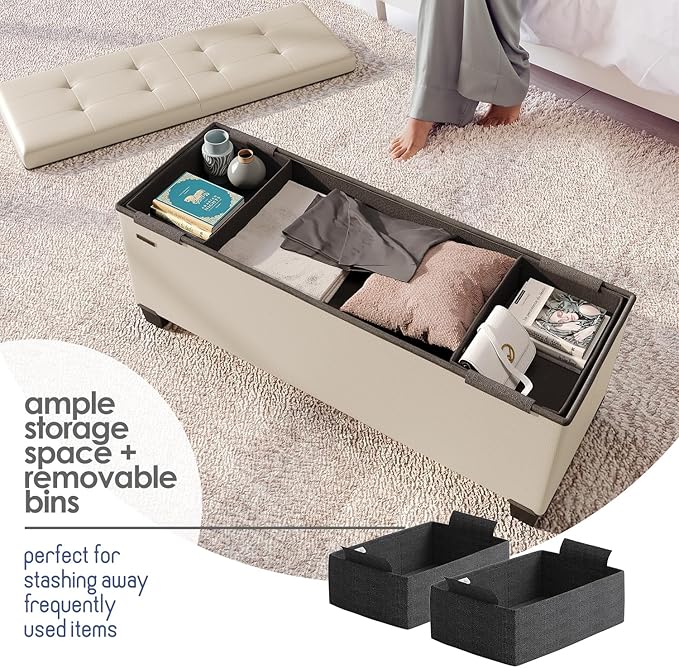 Storage Ottoman Bench with Bins, 43-in Storage Bench for Bedroom End of Bed, Folding Foot Rest Ottoman for Living Room Max 660lbs, Leather Ottomans, Beige