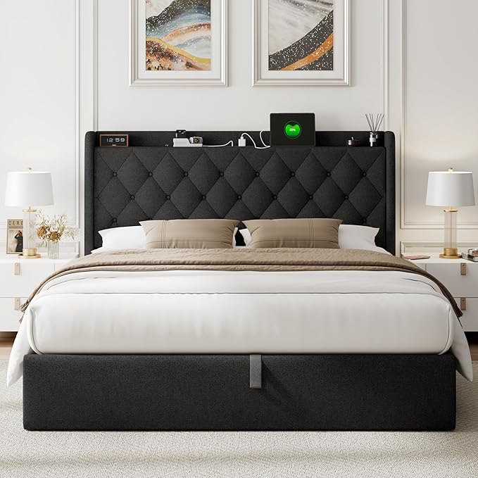 Feonase Full Size Bed Frame with Storage & Charging Station - Hydraulic Lift Up Platform Bed, Upholstered Button Tufted Headboard, Sturdy Wooden Slats, Noise-Free, No Box Spring Needed,Black