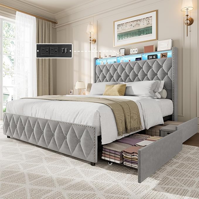 GarveeHome King Size Bed Frame with 50.8" Tall Headboard, Platform Velvet Upholstered Bed Frame with 4 Storage Drawers, USB Charging Station, Led Lights, No Box Spring Needed, Easy Assembly, Dark Grey