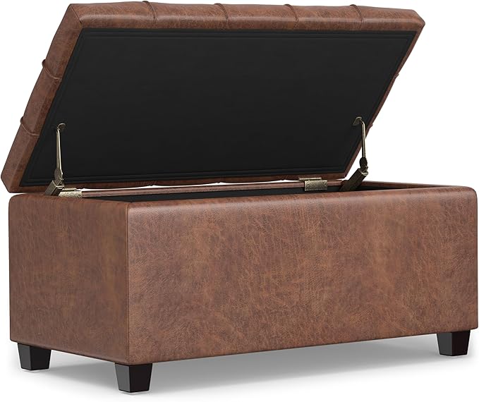SIMPLIHOME Sienna Storage Ottoman Bench - 33 inch Wide Upholstered Vegan Leather Rectangle Storage Ottoman Bench in Distressed Saddle Brown, Transitional Tufted Ottoman for Living Room with Lift Top