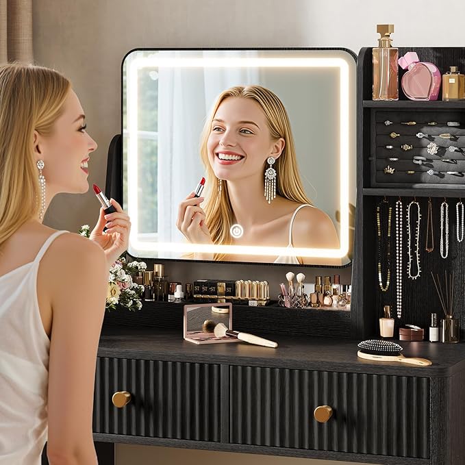 Memobarco Fluted Vanity Desk with Mirror and Lights, Small Makeup Vanity with 2 Drawers and Jewelry Storage Cabinet, 3 Lighting Modes Adjustable Brightness, Dressing Table for Bedroom - Black