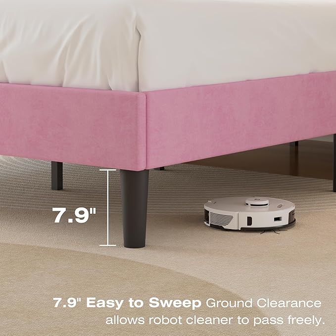 VECELO Full Bed Frame with Upholstered Headboard, Heavy-Duty Platform Bedframe with Strong Wooden Slats Support, No Boxing Spring Needed, Pink