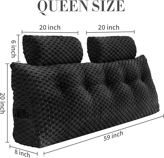 Wedge Headboard Pillow - Bed Wedge Pillow for Headboard Triangular Headboard Pillow with Neck Roll Pillow-Large Bolster Pillow for Sitting in Bed Backrest Positioning Support (Black,59x8x20 Inches)