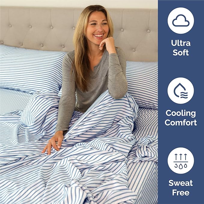 King 6 Piece Sheet Set - Comfy, Breathable & Cooling - Soft Hotel Luxury Bedding for Women, Men, Kids, Teens and Children - 1 Flat & 1 Fitted Sheet & 4 Pillowcases with Deep Pockets - Blue Stripes 2