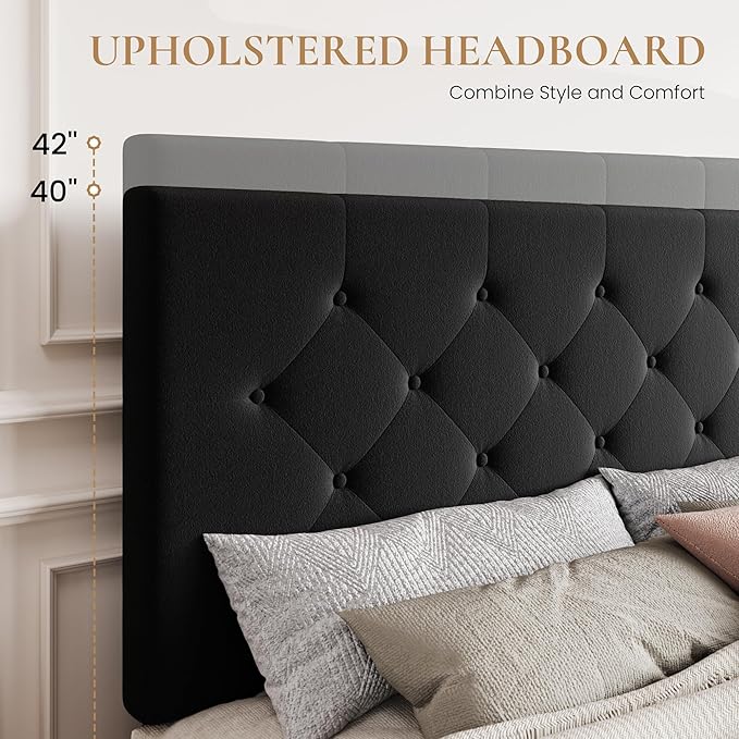 SHA CERLIN Full Size Platform Bed Frame with 4 Oversized Storage Drawers, Adjustable Headboard with Velvet Upholstery, Diamond Button Tufted Design, Wooden Slat Support, No Box Spring Needed, Black