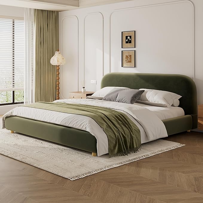 Merax King Size Teddy Fleece Thick Fabric Upholstered Platform Bed with Curved Shaped Headboard, Wood Bed Frame with Solid Round Legs for Kids Teens Adults, Olive Green