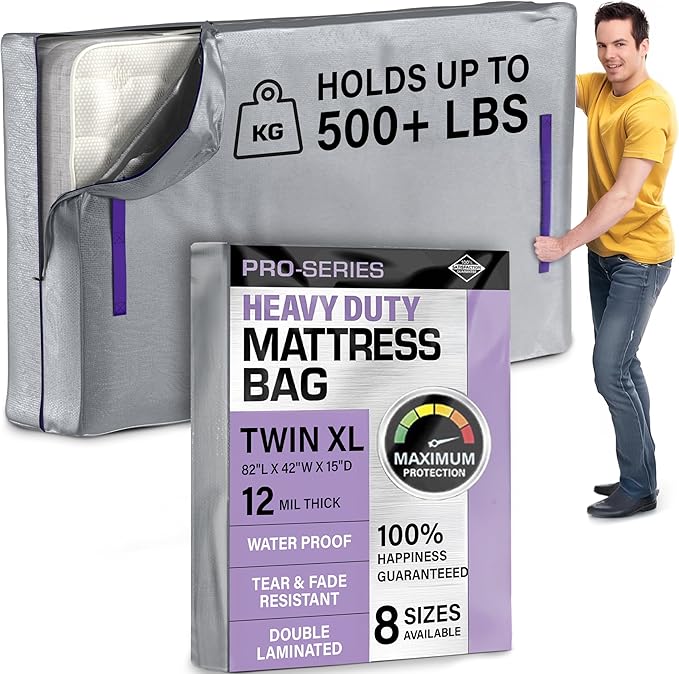Twin XL Mattress Bags For Moving - Heavy Duty 10 Mil Thick Zippered Mattress Cover For Moving w 8 Carrying Handles - Moving Mattress Protector Bag - Waterproof Plastic Mattress Storage Bag (Twin XL)