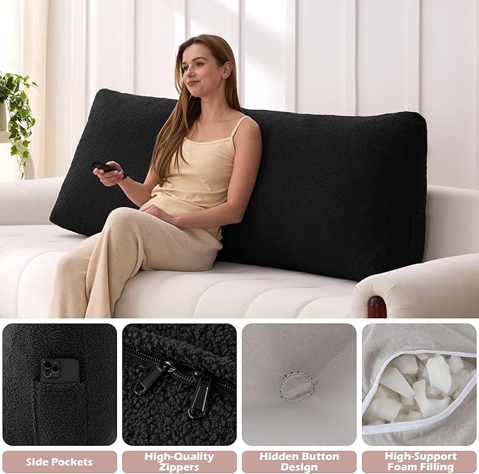 Headboard Pillow Queen, Triangle Bed Wedge Pillow for Headboard, Backrest Pillow for Sitting up, Reading, Working, Headboard Daybed Pillow with Removable Cover for Bed, Dorm Sofa, Black