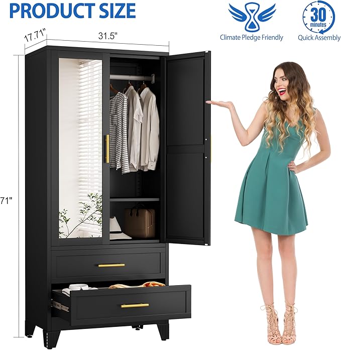 GAIOUS Steel Armoire Wardrobe Closet with Mirror, 71" Metal Clothes Storage Cabinets with 2 Doors, 1 Adjustable Shelf, 2 Drawers, Metal Wardrobe Cabinet with Hanging Rod for Bedroom, Gym, Cloak(Black)
