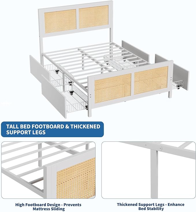 IDEALHOUSE Rattan Bed Frame with Storage Drawers, Boho Queen Led Bed Frame with Strong Metal Slats Support, No Box Spring Needed, Noise-Free Design, White