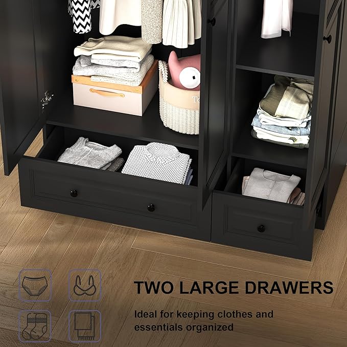 Armoire Wardrobe Closet with Drawers: 74" Black Wardrobe Close with 3 Doors, Tall Armoire with Hanging Rod, Large Wood Clothes Cabinet for Bedroom (Black, 47") (Black, 47")