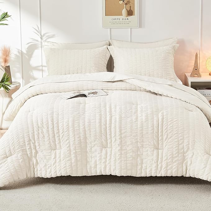 HYMOKEGE Ivory Oversized King Comforter Set Seersucker 7 Pieces, All Season Luxury Bed in a Bag for Bedroom, Bedding Set with Comforter, Sheets, Pillowcases & Shams