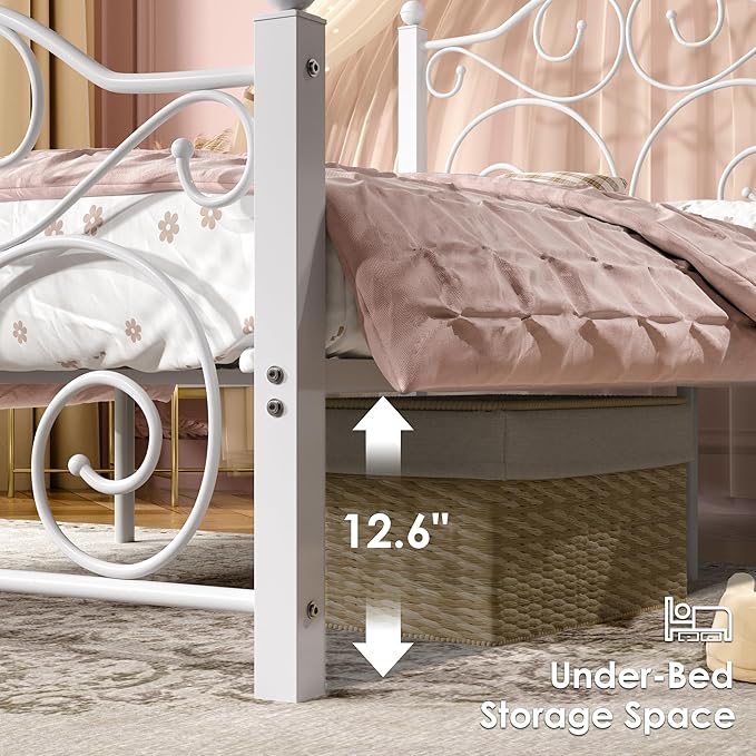 VECELO Twin Size Bed Frame with Headboard and Footboard, Heavy Duty Metal Slat Support, Platform Mattress Foundation, No Box Spring Needed, Easy Assembly, White