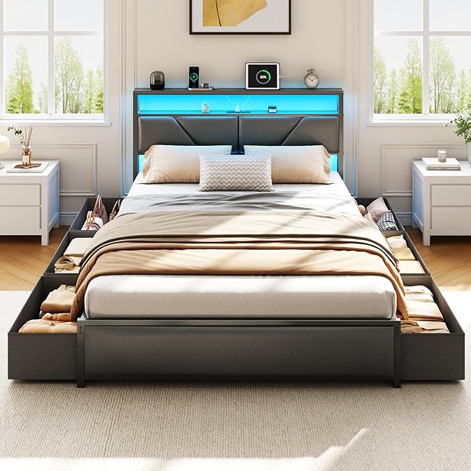 OURPIC Queen Bed Frame, 2-Tier Storage Headboard & 6 Fabric Drawers, PU Leather Upholstered Queen Size Platform Bed with Charging Station and LED Lights, No Box Spring Needed, Noise Free
