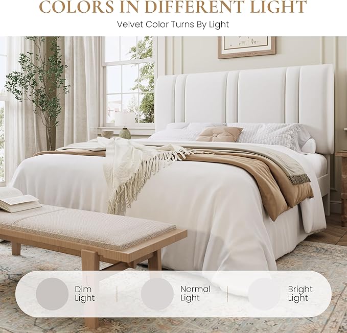 SHA CERLIN Full Size Platform Bed Frame, Velvet Upholstered Bed with Adjustable Headboard, Vertical Channel Tufted Design, Sturdy Wood Slat Support, No Box Spring Needed, Easy Assembly, White