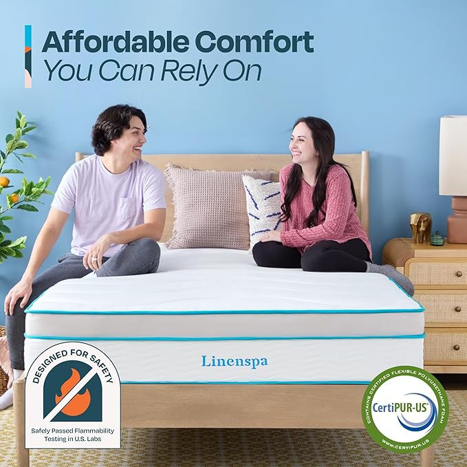 Linenspa 12 Inch Memory Foam and Spring Hybrid Mattress - Medium Plush Feel - Bed in a Box - Pressure Relief and Adaptive Support - Breathable - Cooling - Primary Bedroom - King Size