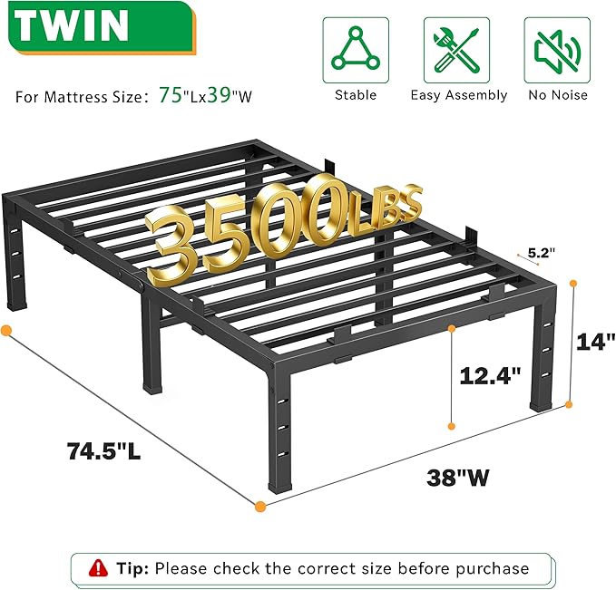 14 Inch Twin Bed Frames, Heavy Duty Metal Platform 3500 lbs Capacity, No Box Spring Needed, 6 Mattress Slide Stopper, Headboard Holes, Noise-Free, Easy Assembly