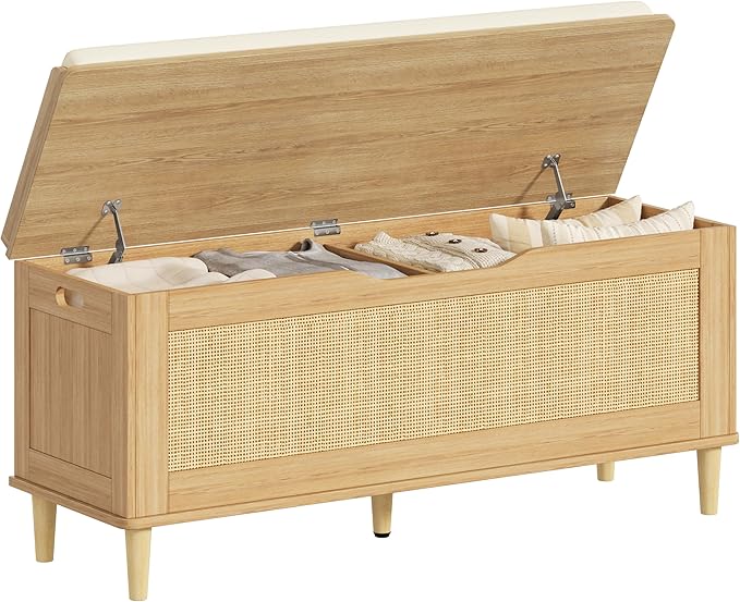 Keehusux 47.2" Rattan Storage Chest with Padded Seat Cushion, Extra Large Storage Bench with 2 Safety Hinges, Storage Trunk with Solid Wood Legs & Rounded Corners for Entryway, Bedroom, Natural Oak