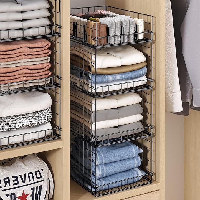 4 Pack Closet Organizers and Storage Shelves for Clothes, 4 Tier Stackable Closet Storage Basket Bin Container for Clothing Sweater Jean, Narrow, Foldable, Sturdy Metal System Organizer Shelf