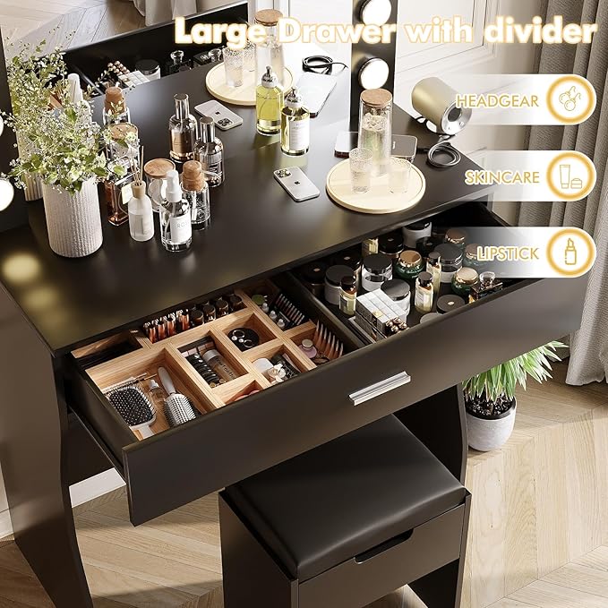 Vabches Vanity Table Set with 12 Light Bulbs, Makeup Dressing Table with Big Drawer & Mirror, Dresser Desk for Bedroom, Living Room Black