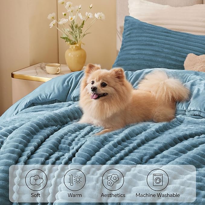 BEDELITE Fleece Oversized Queen Comforter Set -Super Soft & Warm Fluffy Blue Fog Bedding, Luxury Fuzzy Heavy Bed Set for Winter with 2 Pillow Cases
