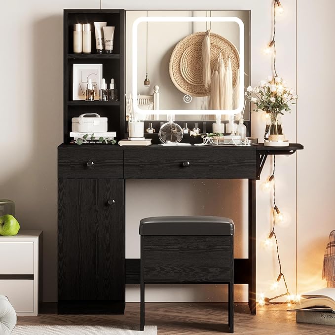 IRONCK Vanity Desk with LED Lighted Mirror & Power Outlet, Makeup Table with Drawers & Cabinet,Storage Stool,for Bedroom, Black