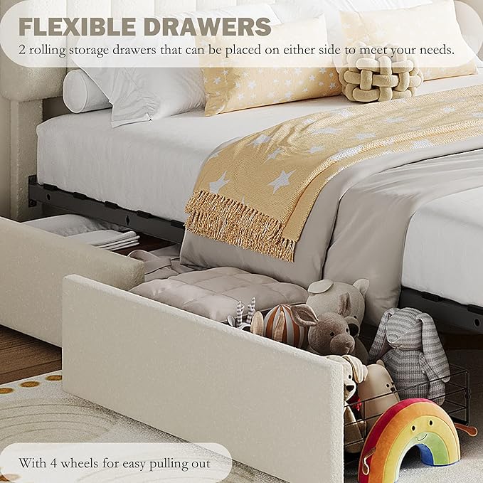 IDEALHOUSE Twin XL Bed Frame for Kids, Boucle Upholstered Platform Bed for Boys/Girls with 2 Flexible Drawers, Bookcase Headboard, Noise-Free, Easy Assembly, No Box Spring Needed, Beige