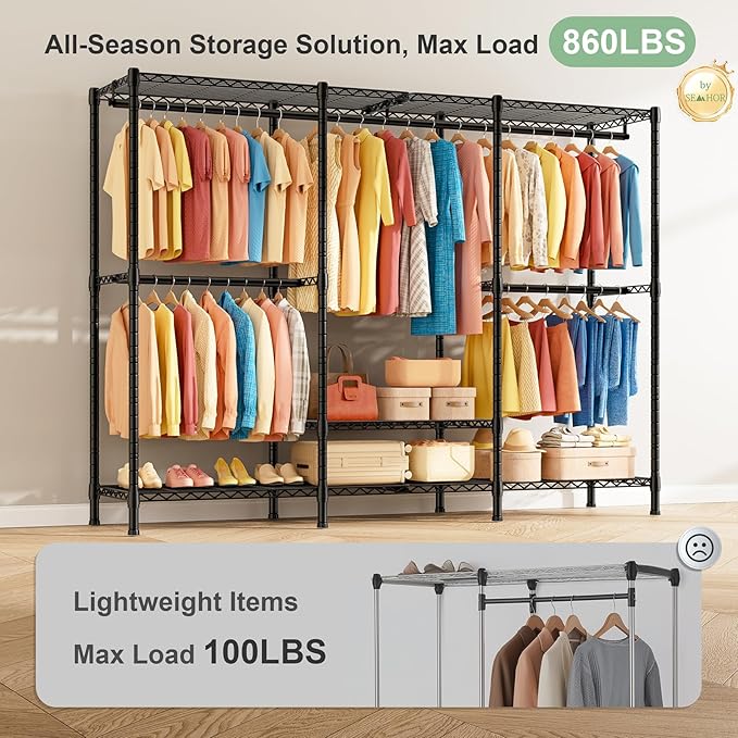 SEMHOR K01C Heavy Duty Clothes Rack with Grey Cover, Freestanding Portable Closet System with Shelves, Adjustable Carbon Steel Garment Rack, Black Clothing Racks for Hanging Clothes, 860LBS Max Load
