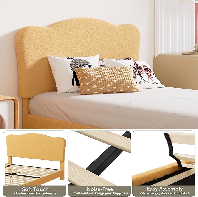 GarveeHome Upholstered Full Size Bed Frame for Kids with Scallop Headboard, Cute Velvet Full Bed for Girls, Boys, Sturdy Platform Bed, No Box Spring Needed, Wooden Slats, Noise Free, Yellow
