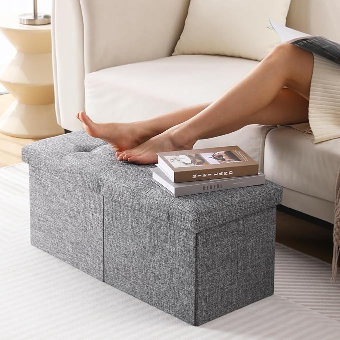 Storage Ottoman Bench Foldable Seat Footrest Shoe Bench End of Bed Storage with Flipping Lid, 75L Storage Space, 30 inches Linen Fabric Dark Grey