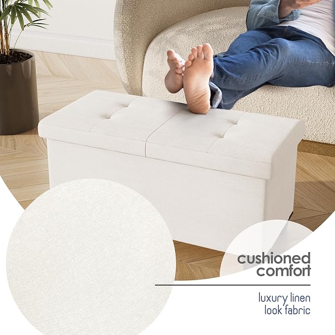 Storage Ottoman Bench with Bins, 30-in Storage Bench for Bedroom End of Bed, Folding Foot Rest Ottoman for Living Room Max 660lbs, Fabric Ottomans, Beige