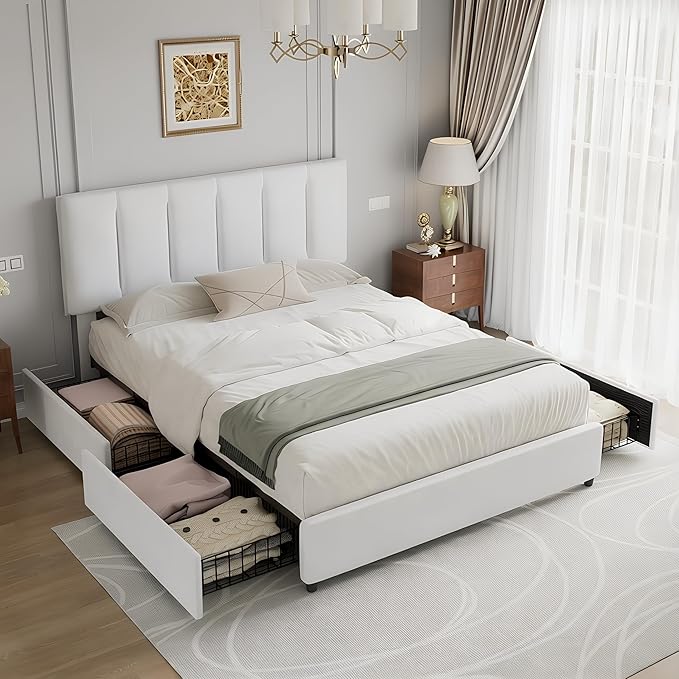 VECELO Queen Size Bed Frame with 4 Storage Drawers, Adjustable Height Headboard, Heavy-Duty Platform Bedframe with Strong Wooden Slats, No Box Spring Needed, Pure White