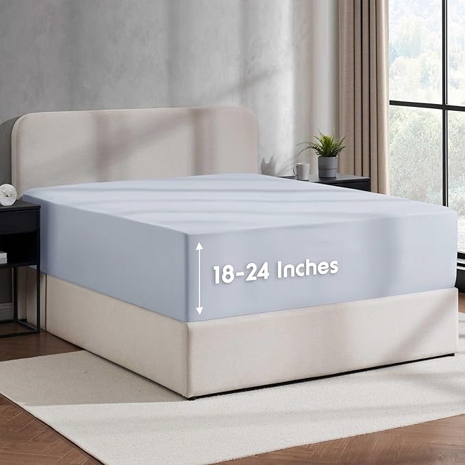Nestl Ice Blue Extra Deep Pocket Fitted Sheet Queen, Hotel Luxury Queen Fitted Sheet Only Easily Fits 18 to 24 Inch Mattress, Super Soft, Wrinkle-Free, and Breathable Bottom Sheets with Corner Straps