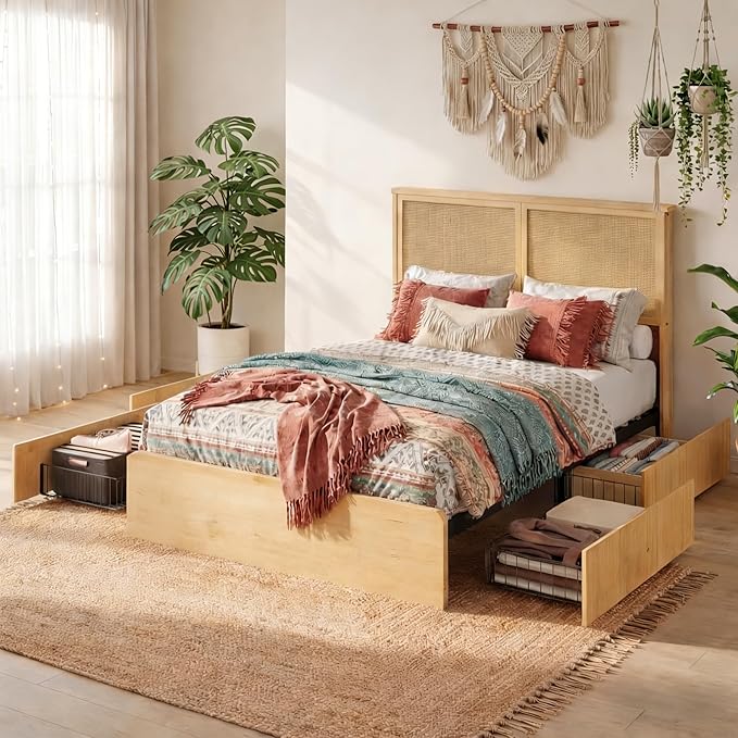 IDEALHOUSE Rattan Full Bed Frame with 4 Storage Drawer, LED Lights & Natural Rattan Headboard, Wood Full Size Bed Frame with Sturdy Wood Foundation, No Box Spring Needed, Natural