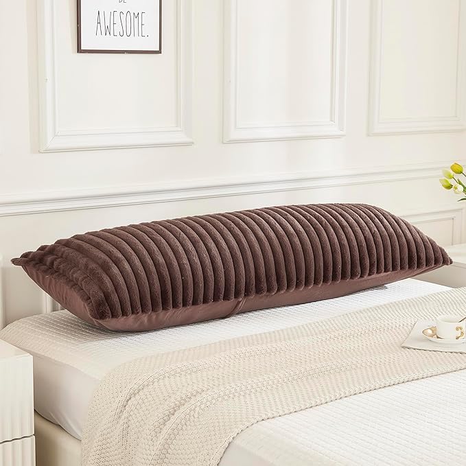 JAUXIO Faux Fur Fluffy Body Pillow Cover Luxury Textured Vertical Stripe Plush Decorative Body Pillowcase, Ultra Soft and Cozy Zipper Closure 21 x 54 Inches, Brown